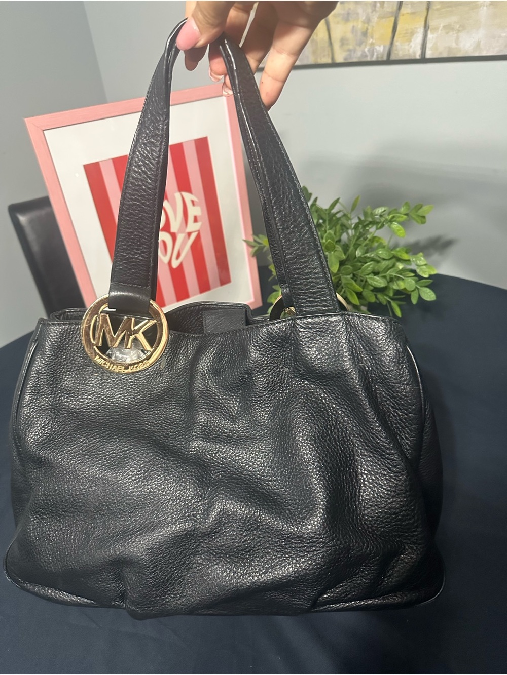 Michael Kors Black Leather Tote with Gold MK Logo Charm